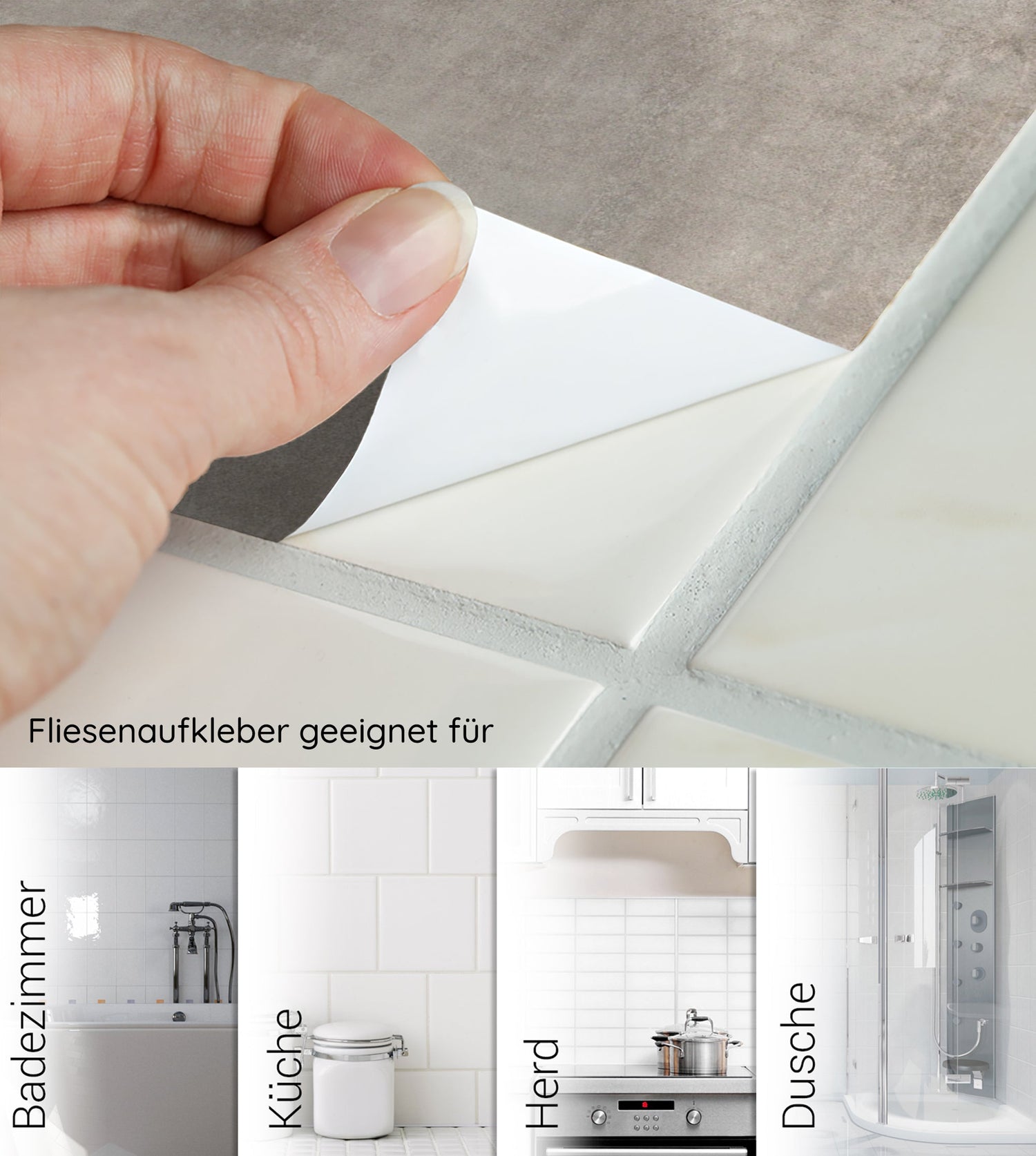 Hand zieht die Trägerfolie eines grauen Fliesenaufklebers beim Anbringen auf einer glatten Fliese ab