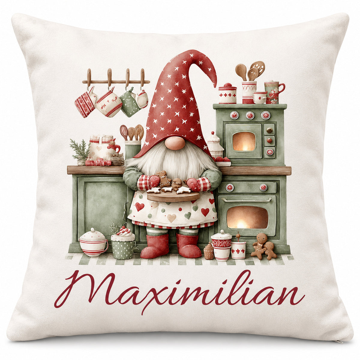 Weihnachtswichtel-Kissenbezug Weihnachtsbäckerei, 40 × 40 cm, mit Beispielname Maximilian: Produktansicht.
