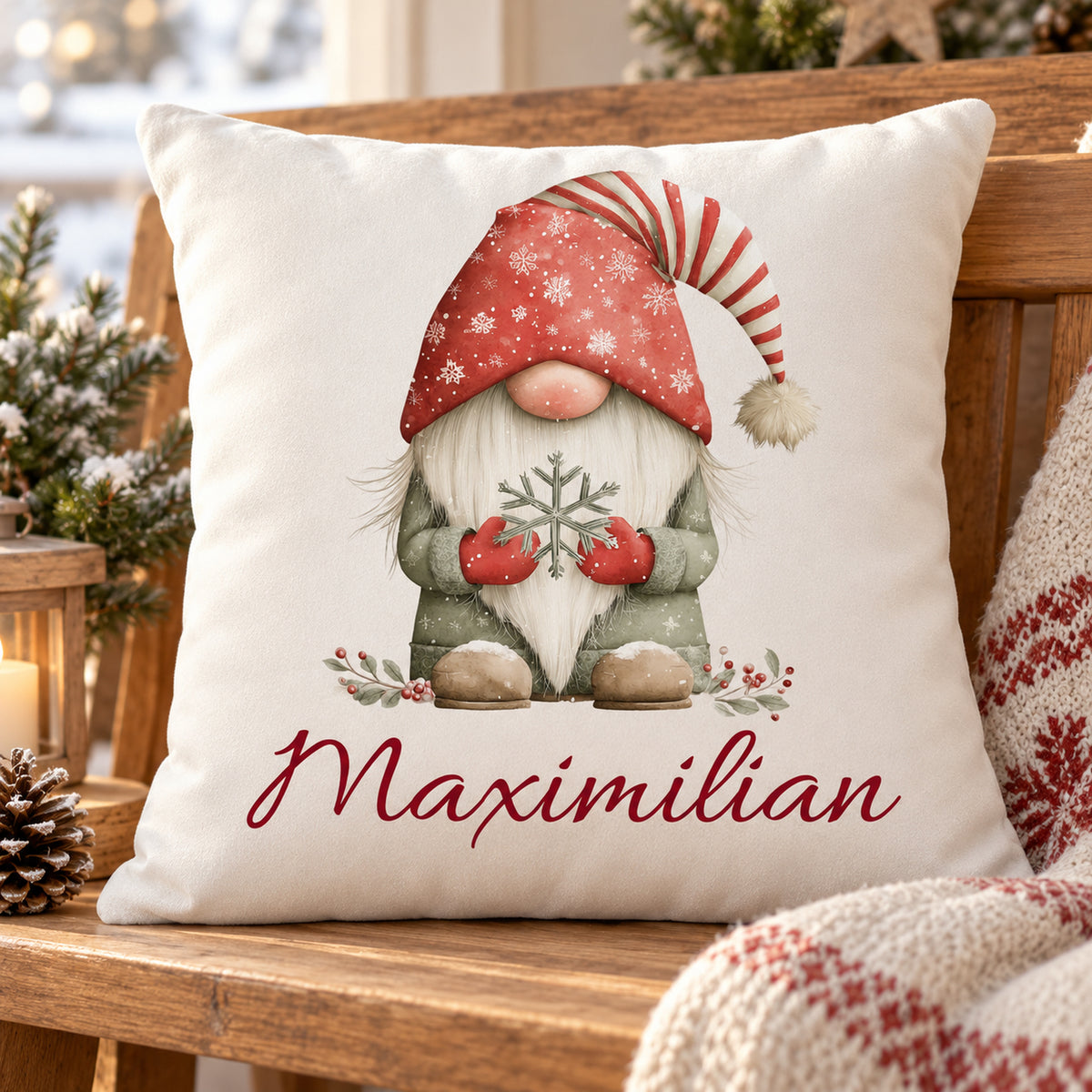 Weihnachtswichtel-Kissenbezug Schneeflocke, 40 × 40 cm, mit Beispielname Maximilian: Wohnansicht.