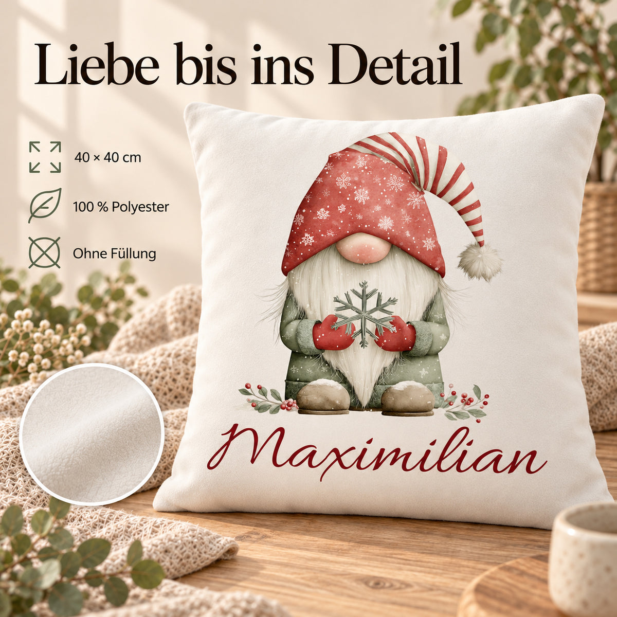 Weihnachtswichtel-Kissenbezug Schneeflocke, 40 × 40 cm, mit Beispielname Maximilian: Produktinformationen.