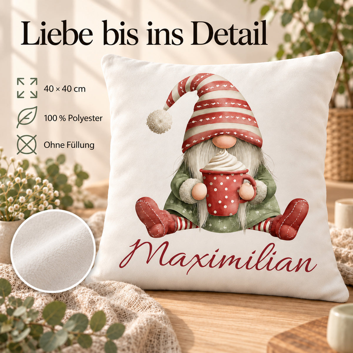 Weihnachtswichtel-Kissenbezug Kakaozeit, 40 × 40 cm, mit Beispielname Maximilian: Produktinformationen.