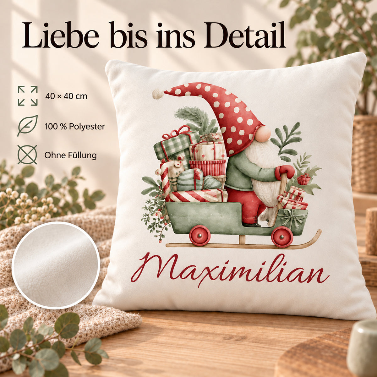 Weihnachtswichtel-Kissenbezug Geschenkschlitten, 40 × 40 cm, mit Beispielname Maximilian: Produktinformationen.