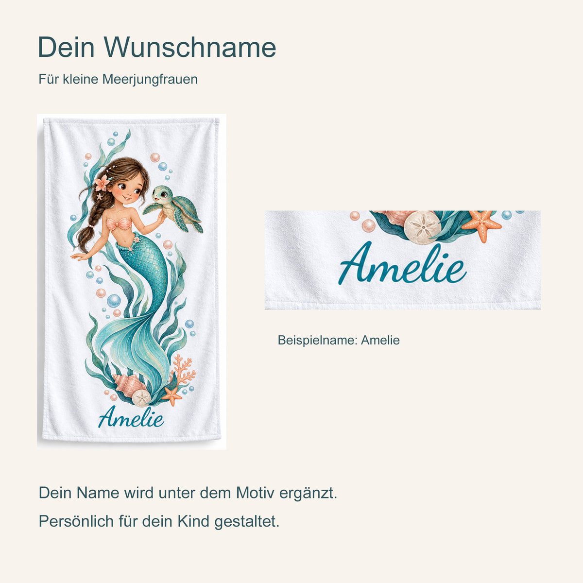Personalisierung am Handtuch Schildkrötenreise: Gesamtansicht und vergrößerter Beispielname Amelie.
