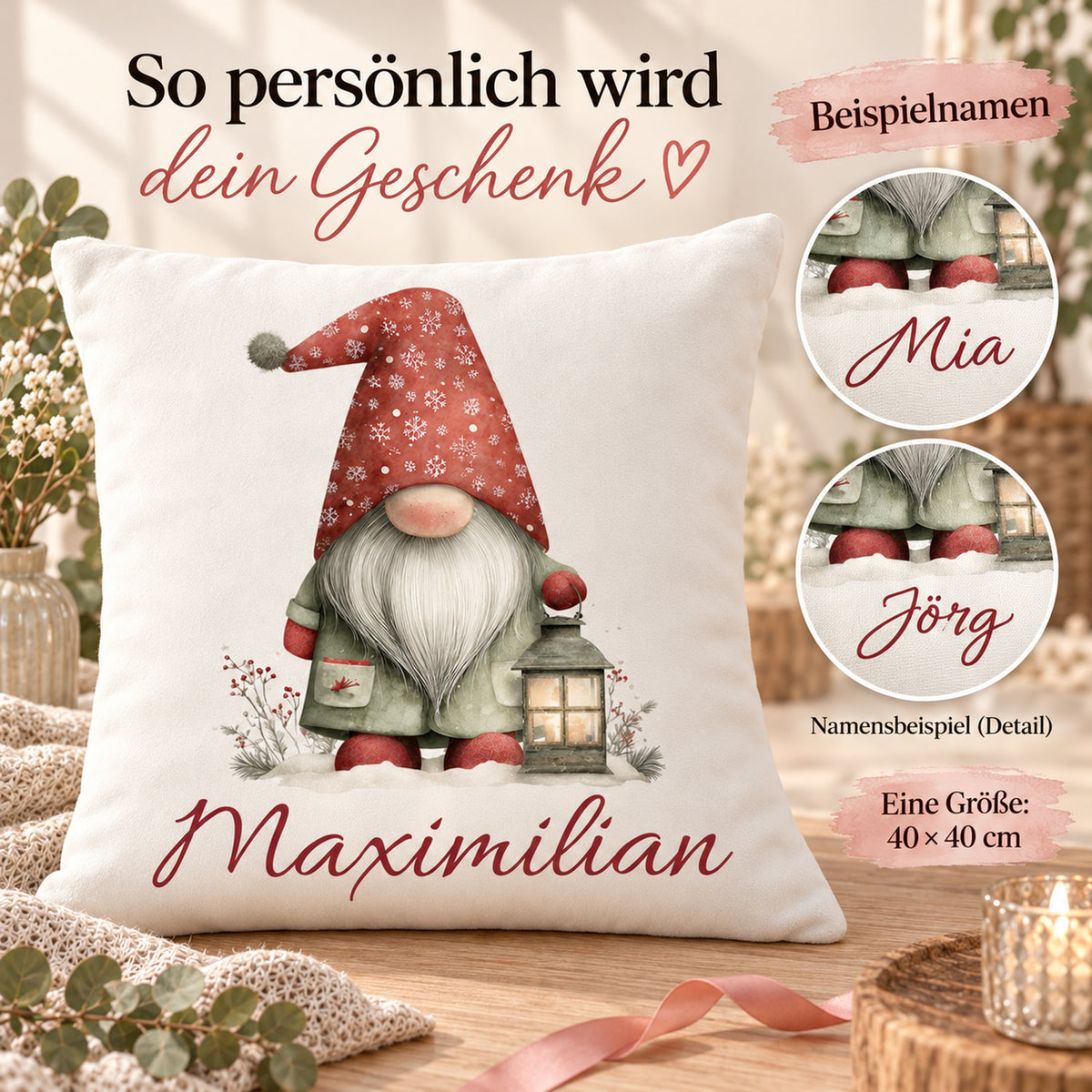 Weihnachtswichtel-Kissenbezug Laternenlicht, 40 × 40 cm: Personalisierungsbeispiele.