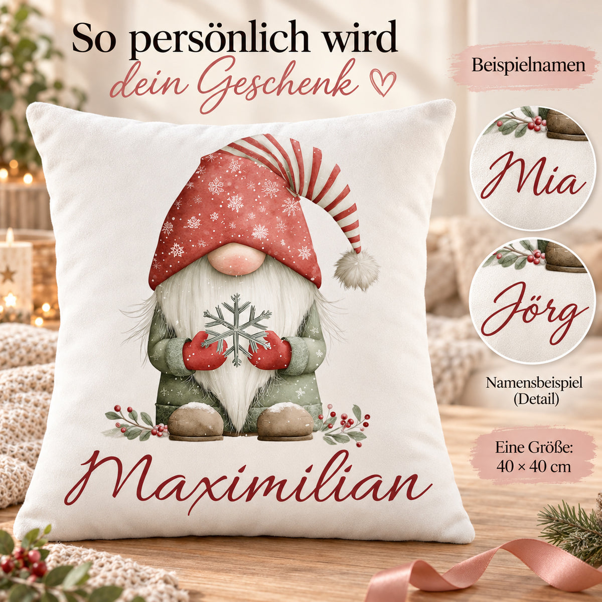 Weihnachtswichtel-Kissenbezug Schneeflocke, 40 × 40 cm: Personalisierungsbeispiele.