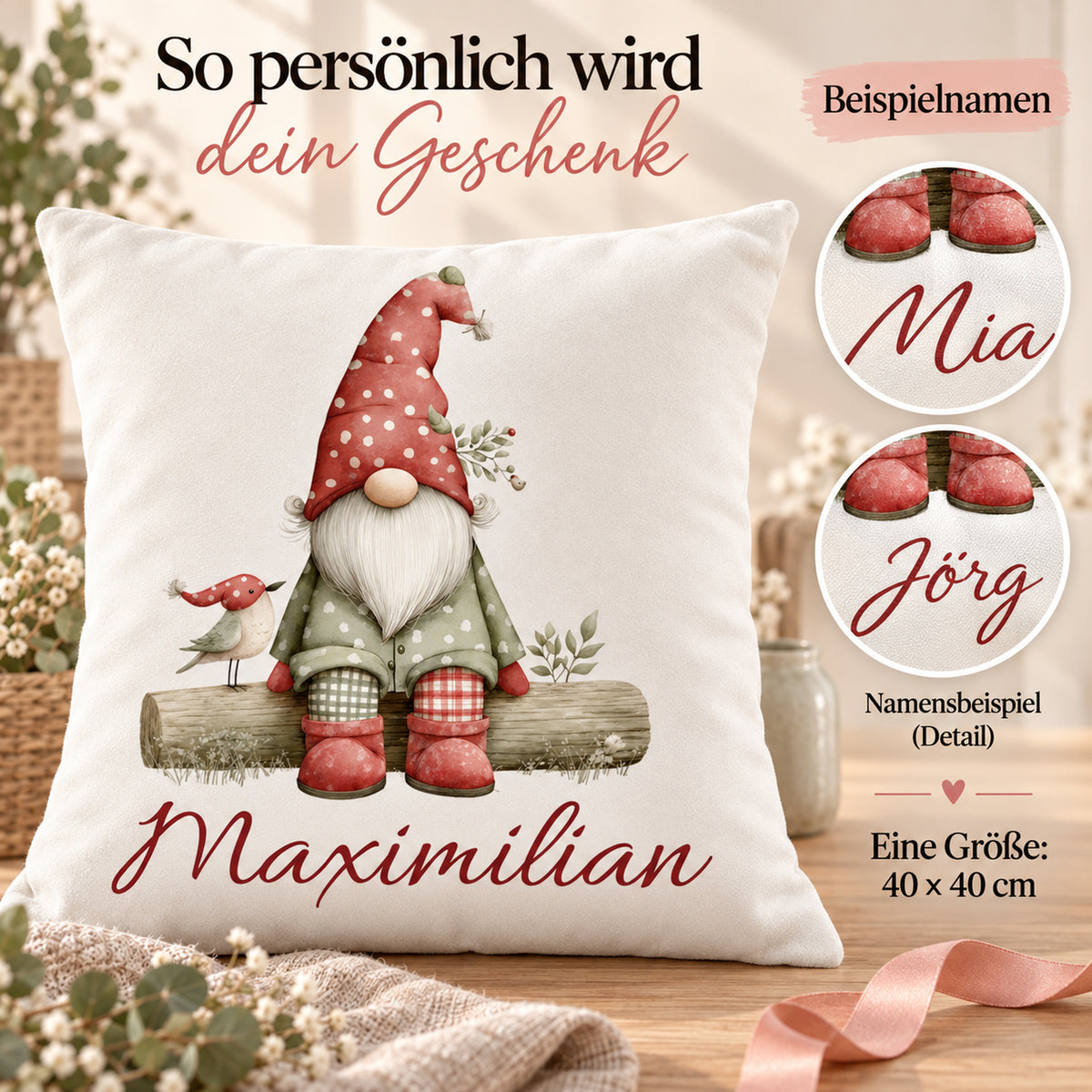Weihnachtswichtel-Kissenbezug Wintervogel, 40 × 40 cm: Personalisierungsbeispiele.