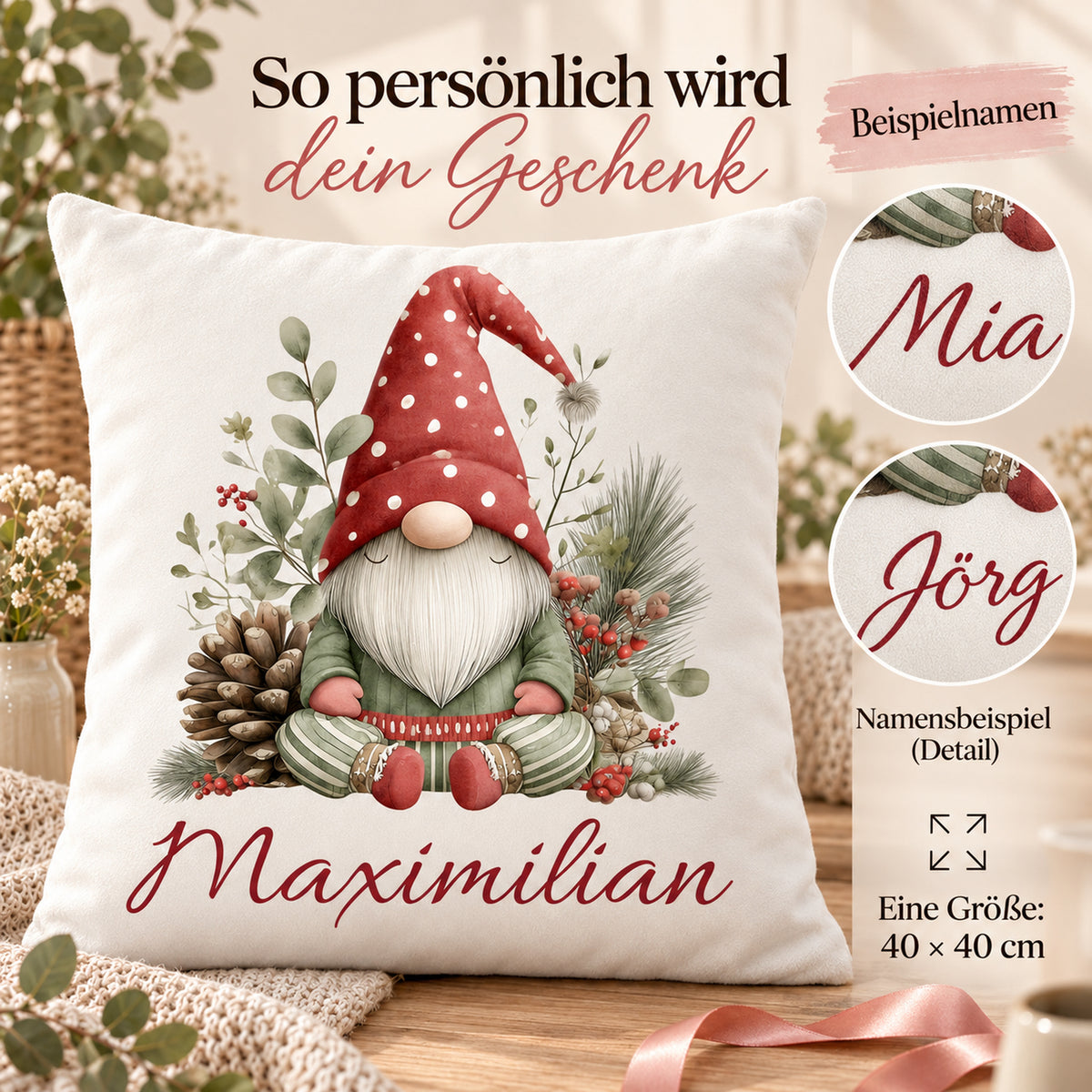 Weihnachtswichtel-Kissenbezug Wintergrün, 40 × 40 cm: Personalisierungsbeispiele.