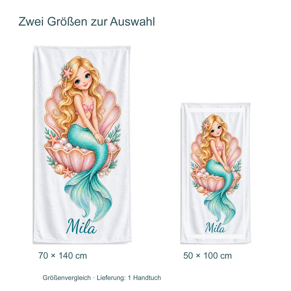 Größenvergleich des Handtuchs Perlenmuschel: 70 × 140 cm und 50 × 100 cm; Lieferung umfasst ein Handtuch.