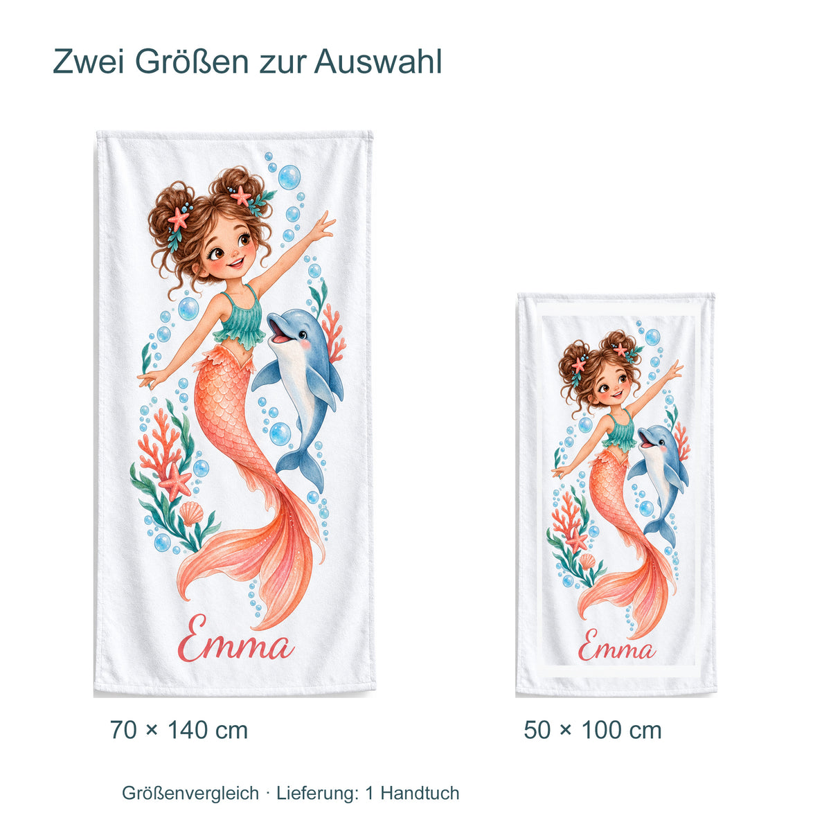 Größenvergleich des Handtuchs Delfinfreundin: 70 × 140 cm und 50 × 100 cm; Lieferung umfasst ein Handtuch.