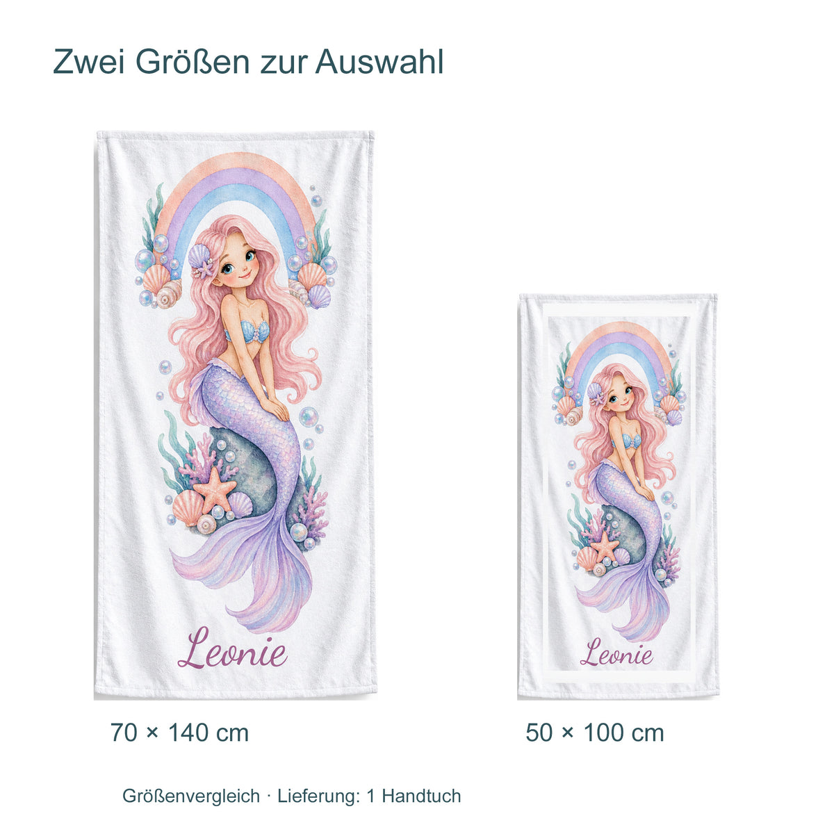 Größenvergleich des Handtuchs Regenbogenbucht: 70 × 140 cm und 50 × 100 cm; Lieferung umfasst ein Handtuch.