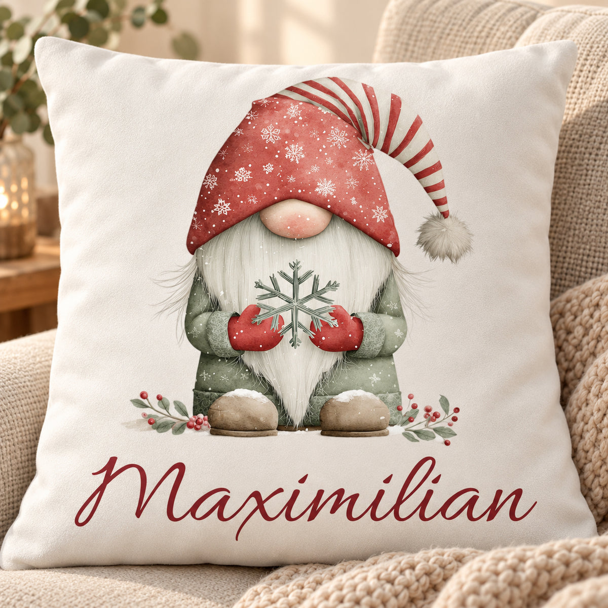 Weihnachtswichtel-Kissenbezug Schneeflocke, 40 × 40 cm: Motivdetail.