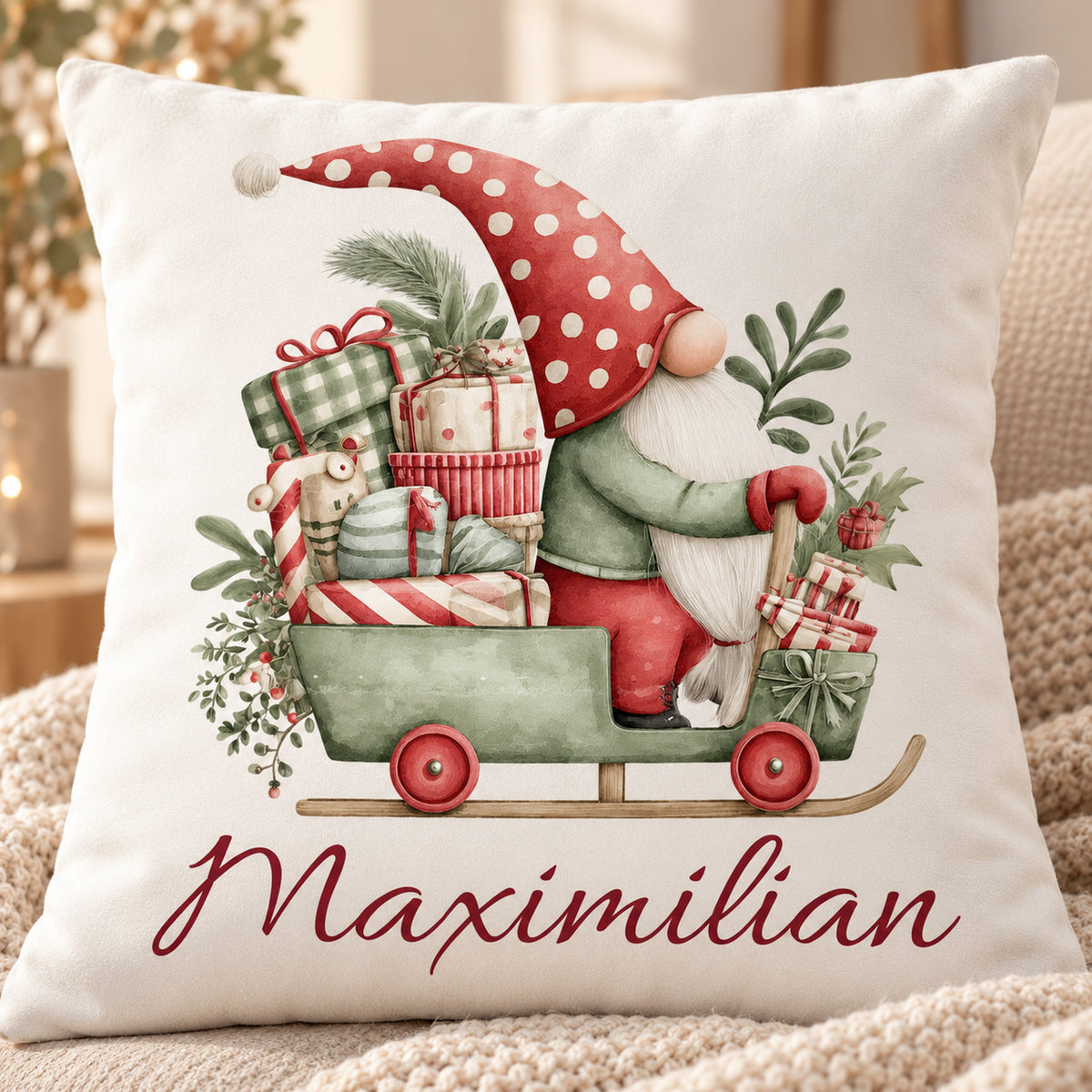 Weihnachtswichtel-Kissenbezug Geschenkschlitten, 40 × 40 cm: Motivdetail.