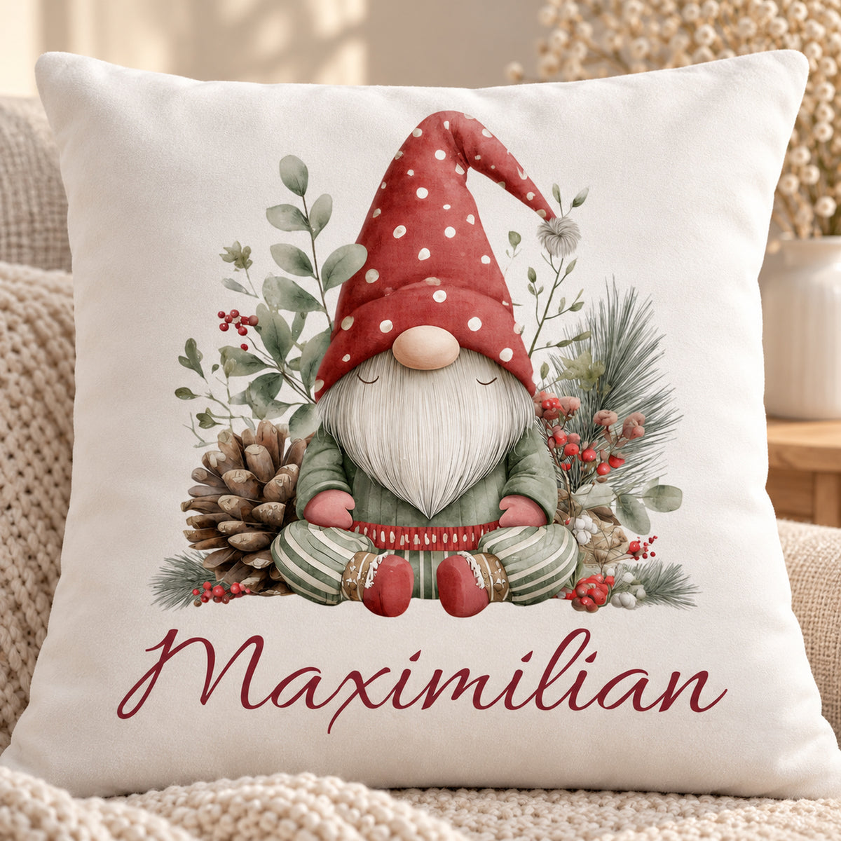 Weihnachtswichtel-Kissenbezug Wintergrün, 40 × 40 cm: Motivdetail.