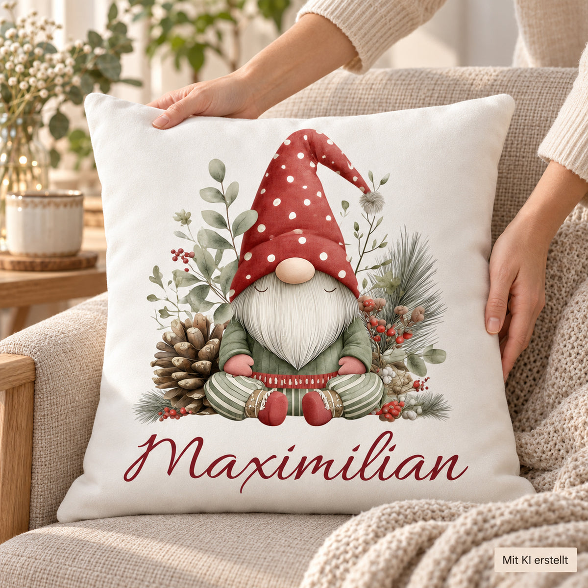 Weihnachtswichtel-Kissenbezug Wintergrün, 40 × 40 cm, mit Beispielname Maximilian: Anwendungsansicht.