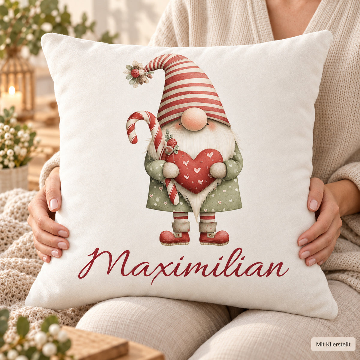 Weihnachtswichtel-Kissenbezug Weihnachtsherz, 40 × 40 cm, mit Beispielname Maximilian: Anwendungsansicht.
