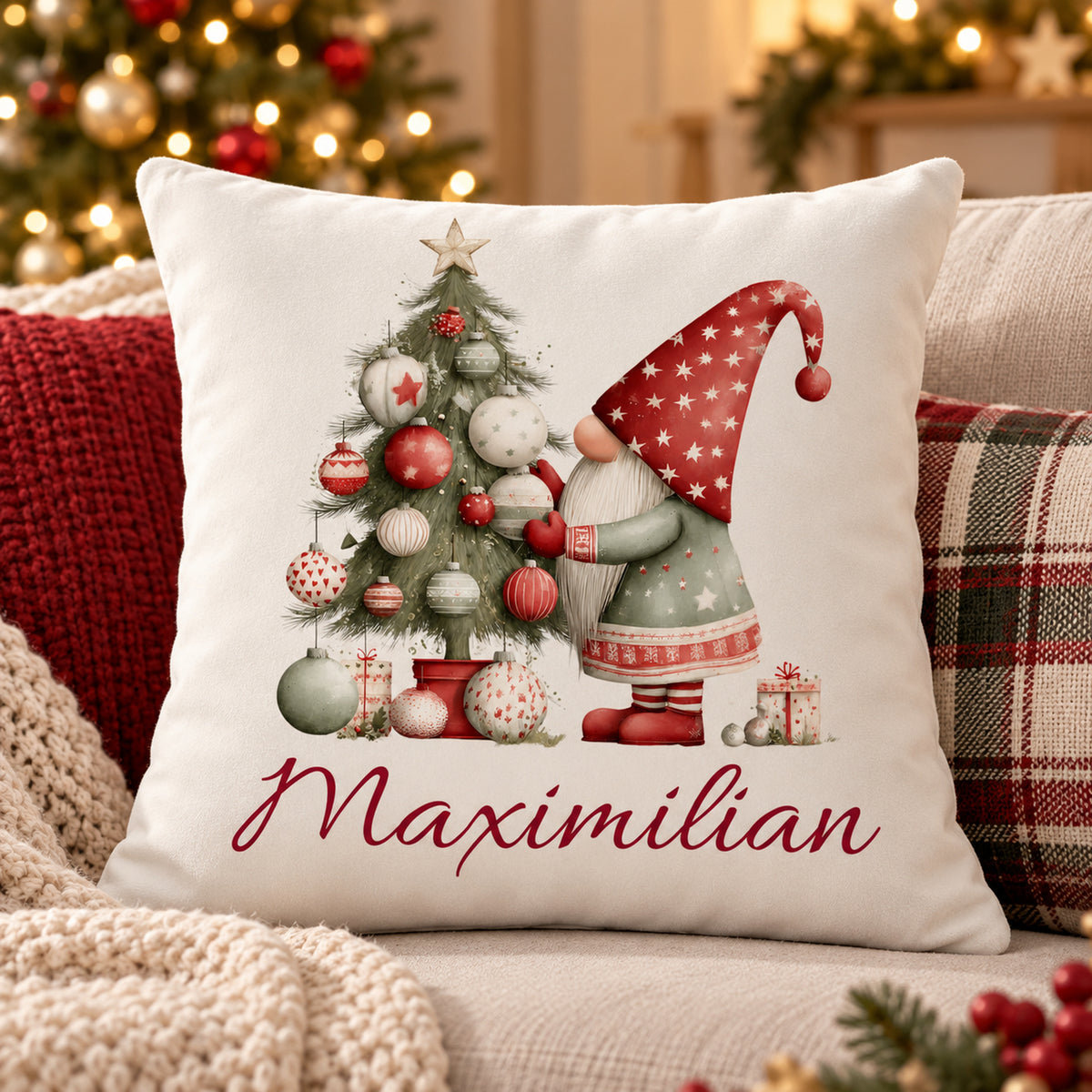 Weihnachtswichtel-Kissenbezug Weihnachtsbaum, 40 × 40 cm, mit Beispielname Maximilian: Wohnszene.