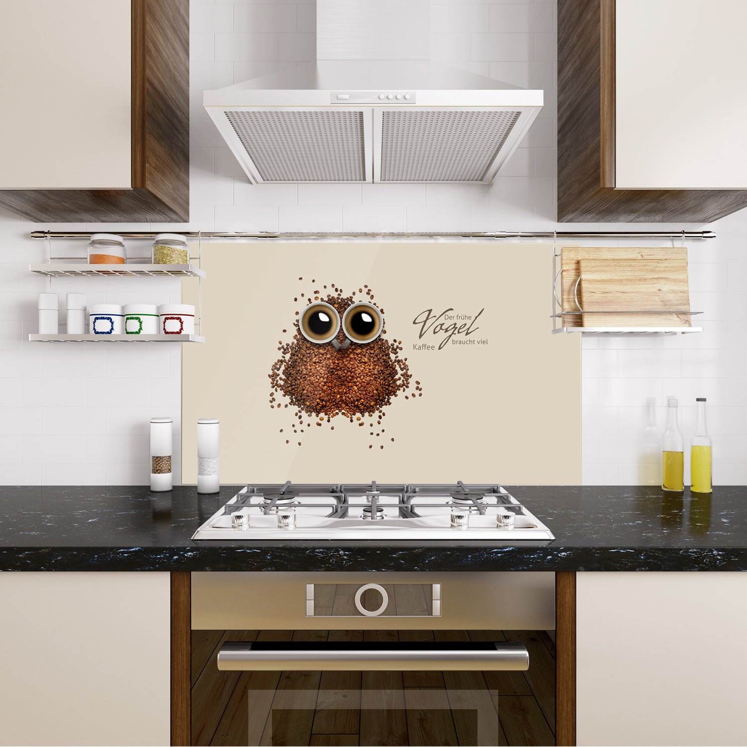 Küchenrückwand mit Vogelmotiv aus Kaffeebohnen, braun.