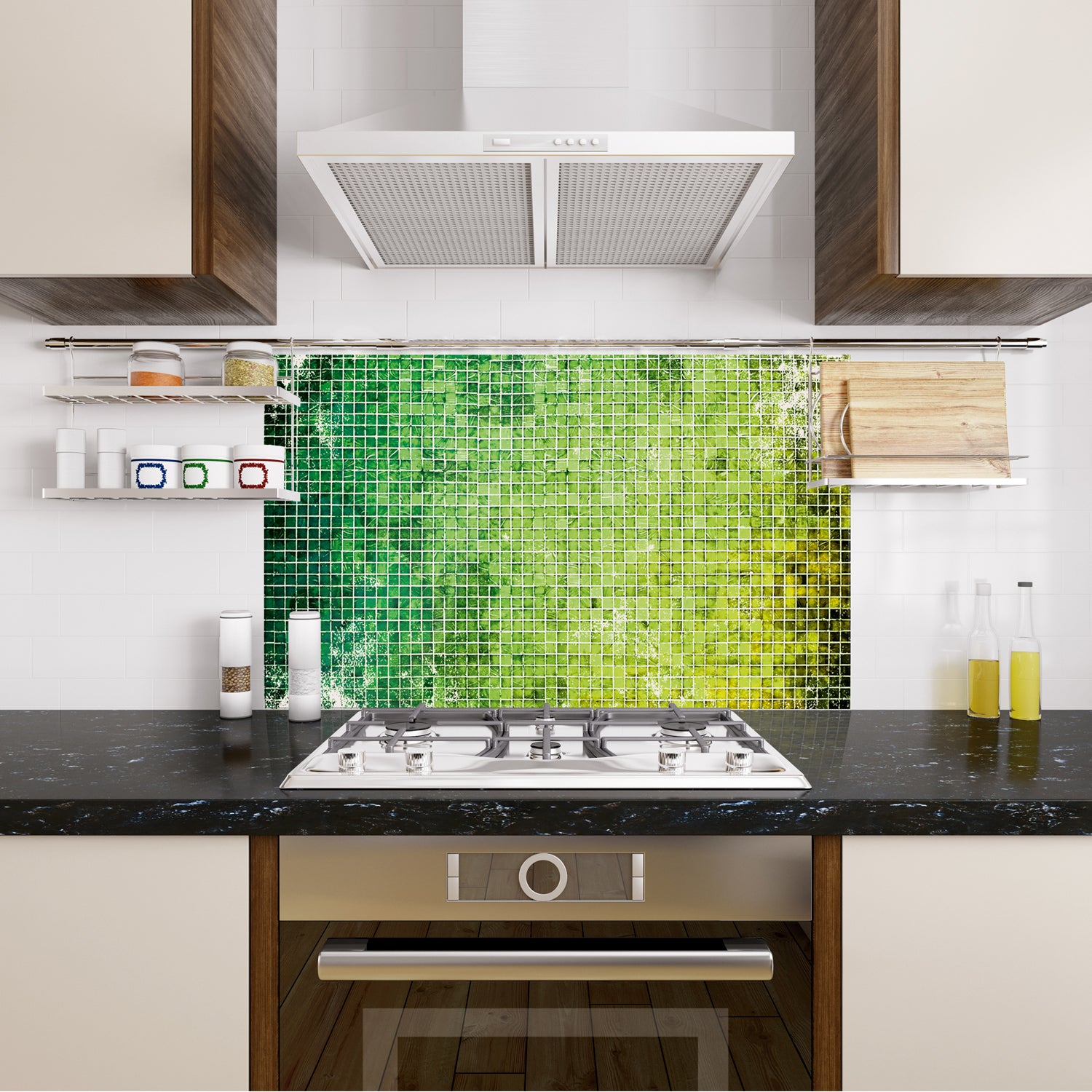 Grüne Mosaikfliesen hinter dem Herd in moderner Küche.