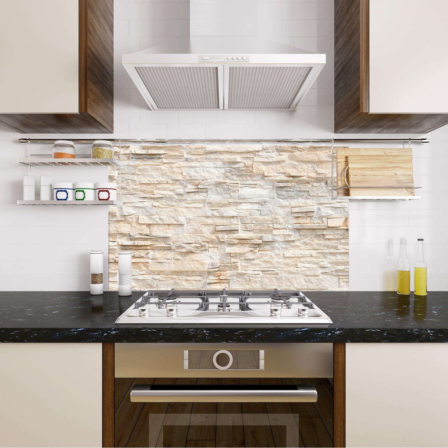 Moderne Küche mit Gasherd, schwarzer Arbeitsplatte und Steinwand.