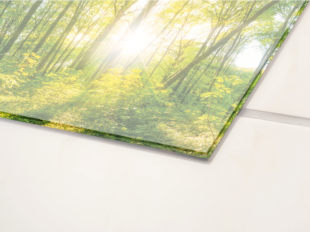 Grünes Waldmotiv mit Sonnenstrahlen auf Glasplatte.