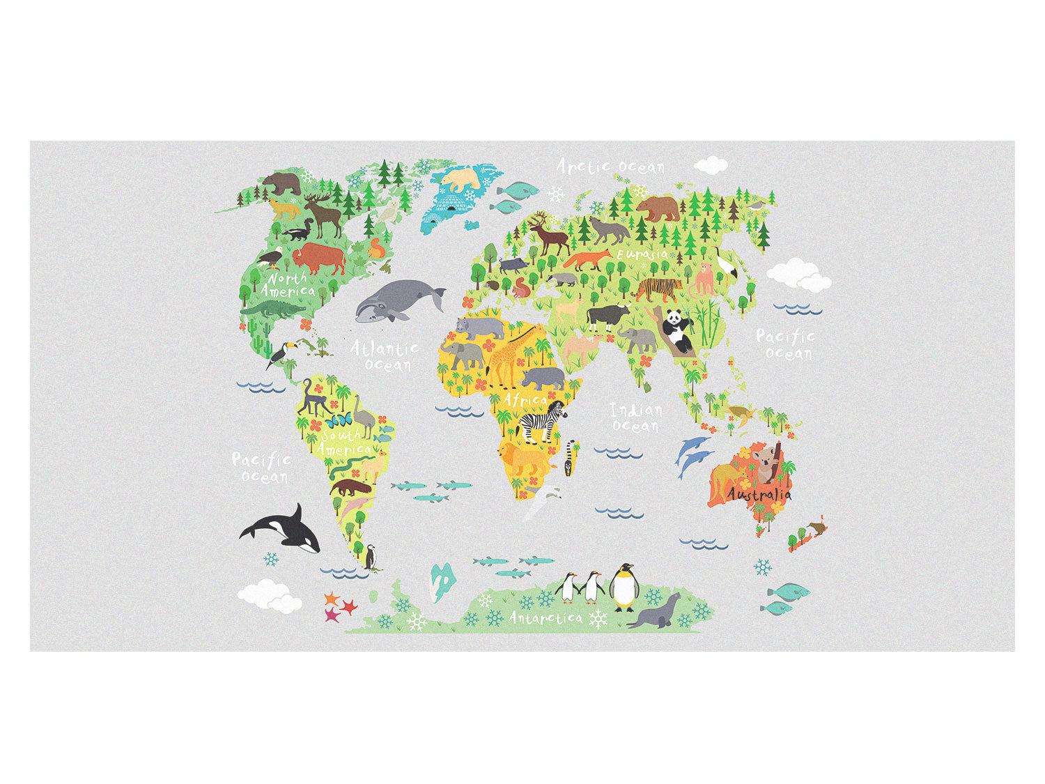 Bunte Weltkarte mit Tieren und Landschaften.
