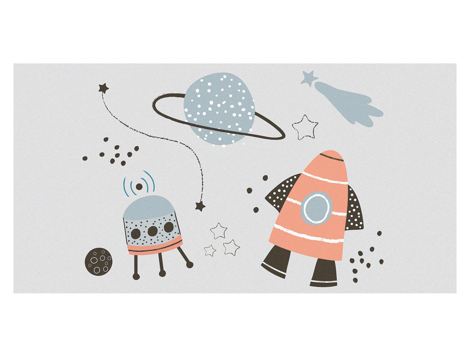 Raumfahrt-Motiv mit Rakete, Roboter und Planeten in Pastellfarben.