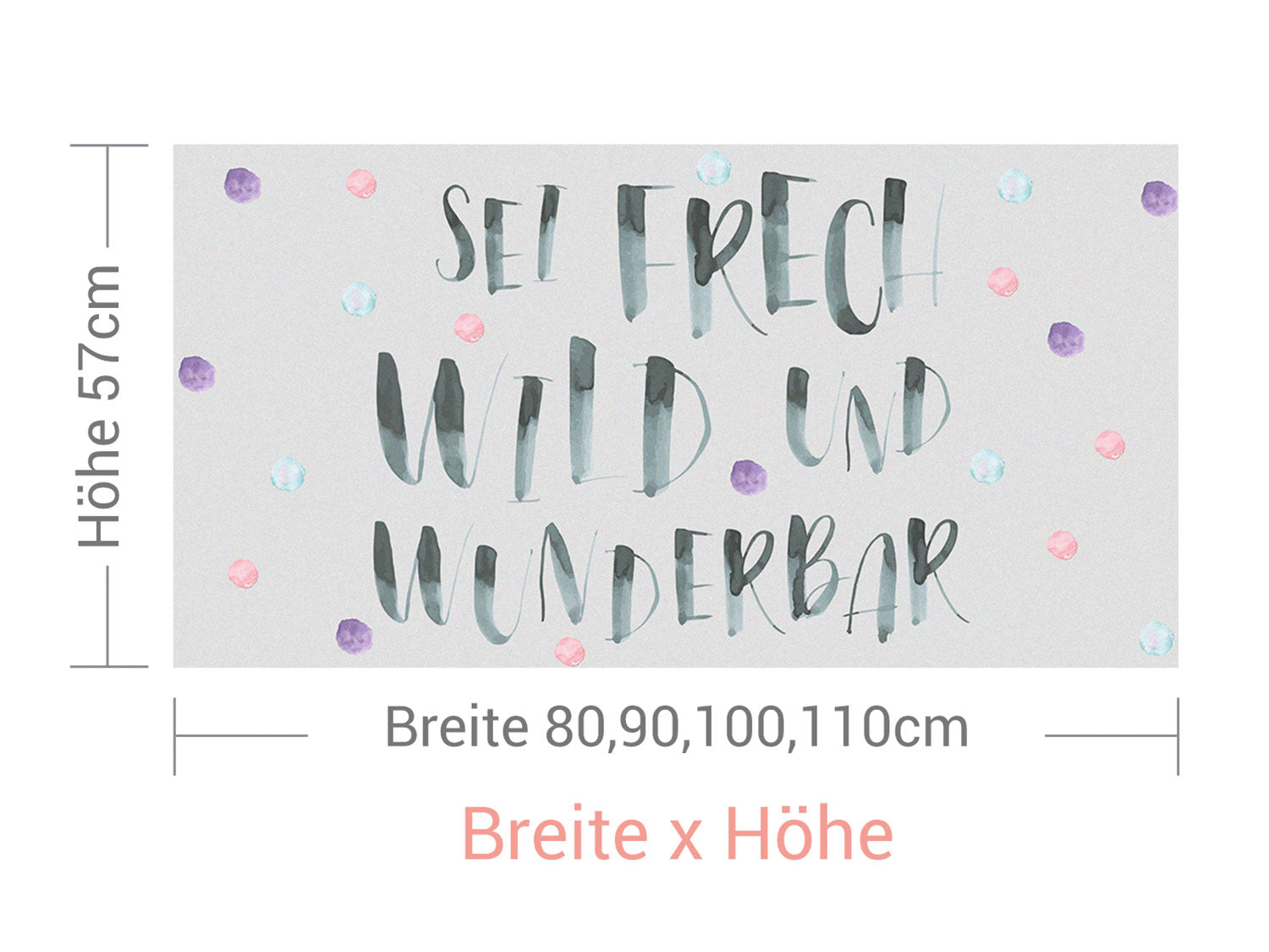 Wanddeko mit bunten Punkten, Text in Grün und Pink.