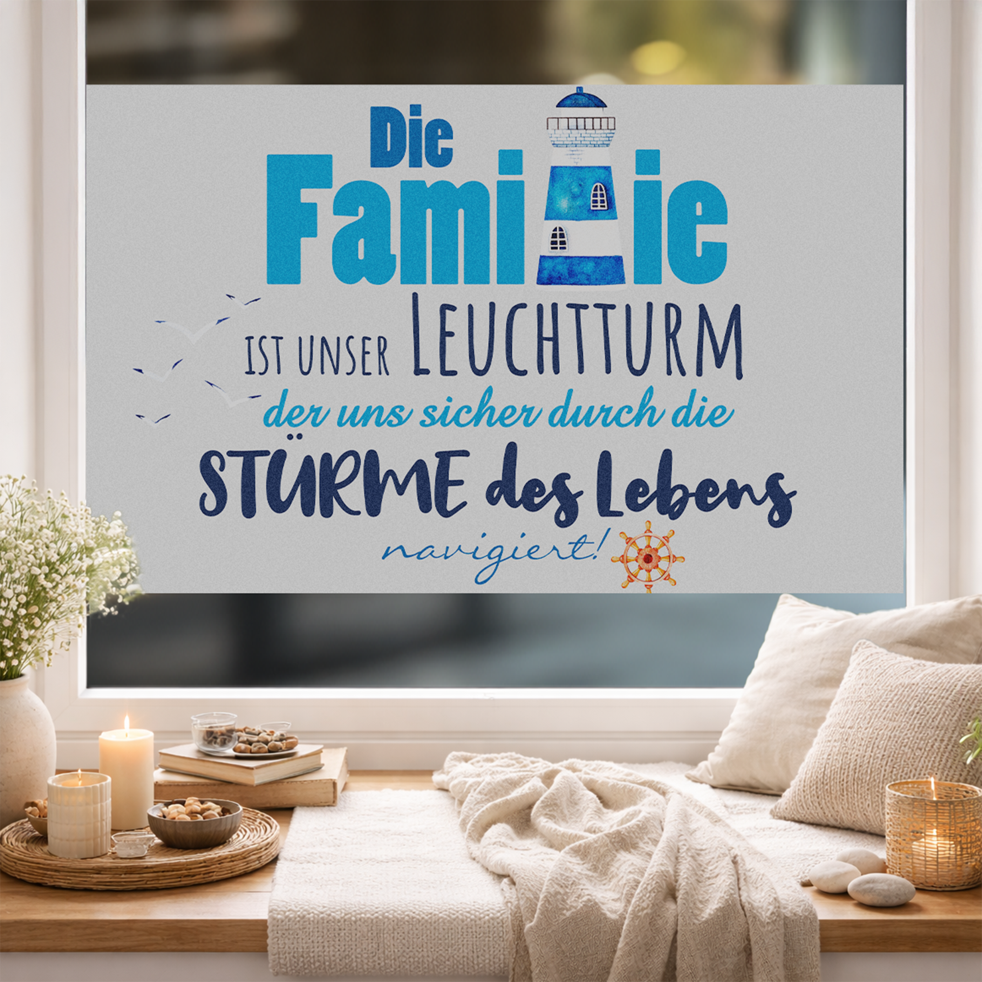 Fensterfolie Leuchtturm mit Familienspruch