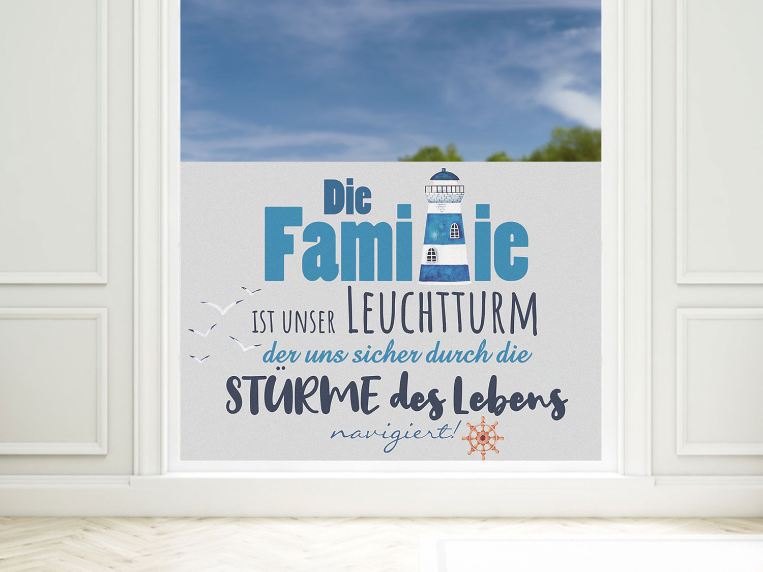 Fensterfolie Leuchtturm mit Familienspruch