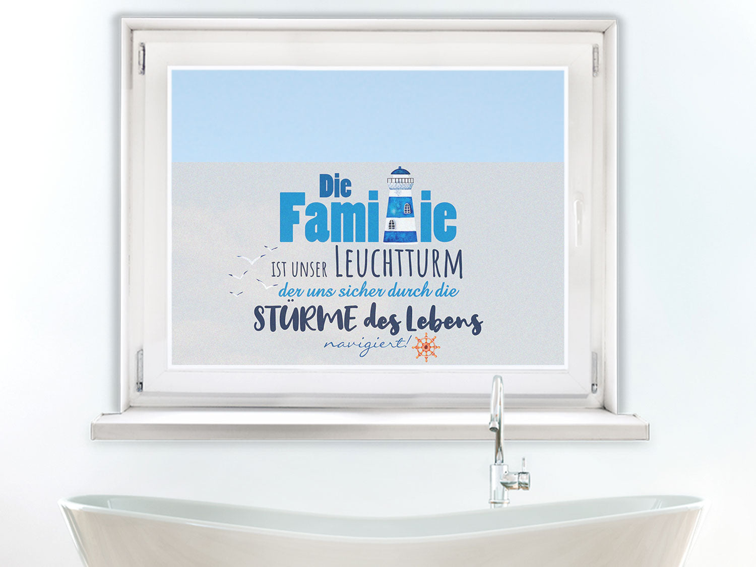 Fensterfolie Leuchtturm mit Familienspruch