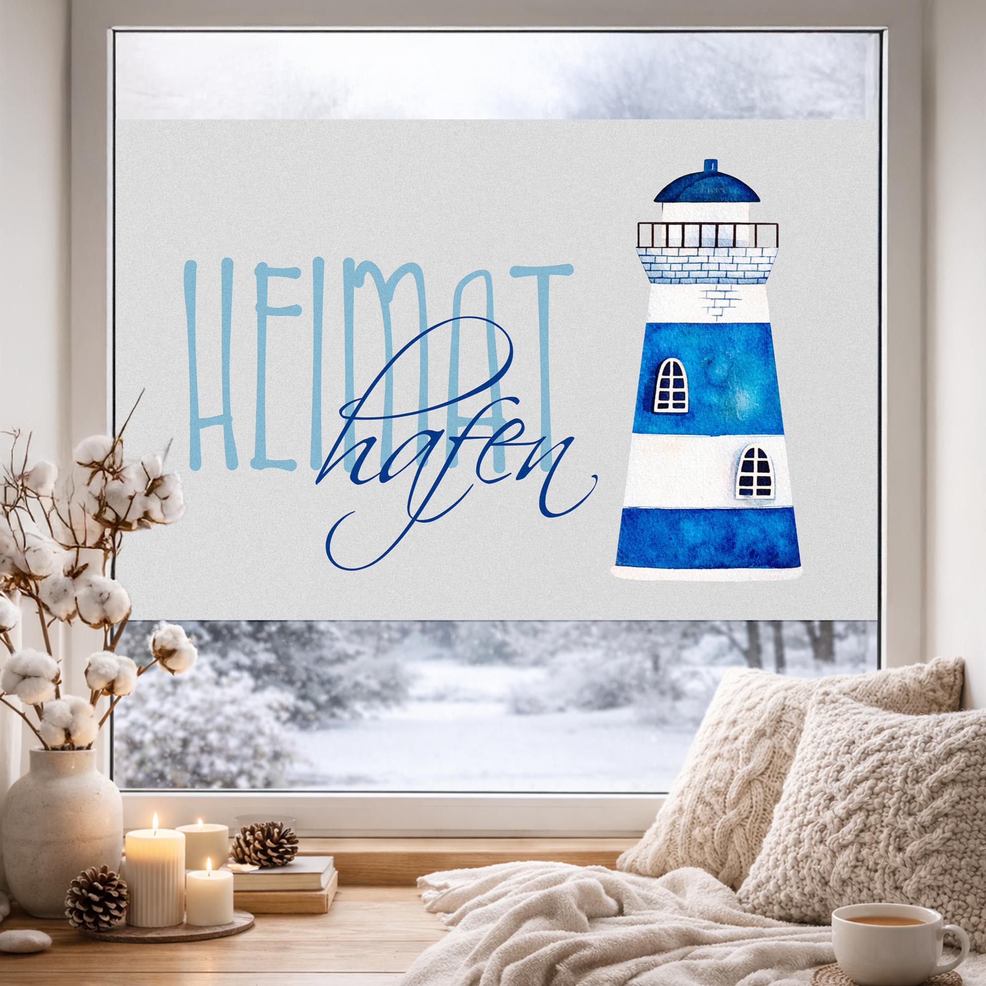 Fensterfolie Leuchtturm mit Spruch „Heimathafen“