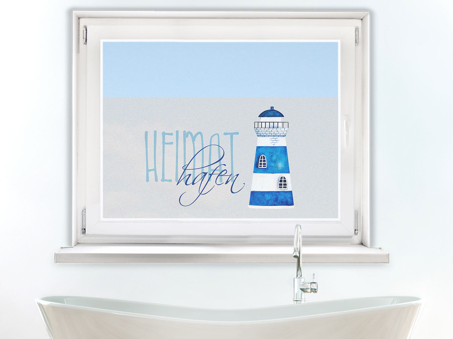 Fensterfolie Leuchtturm mit Spruch „Heimathafen“