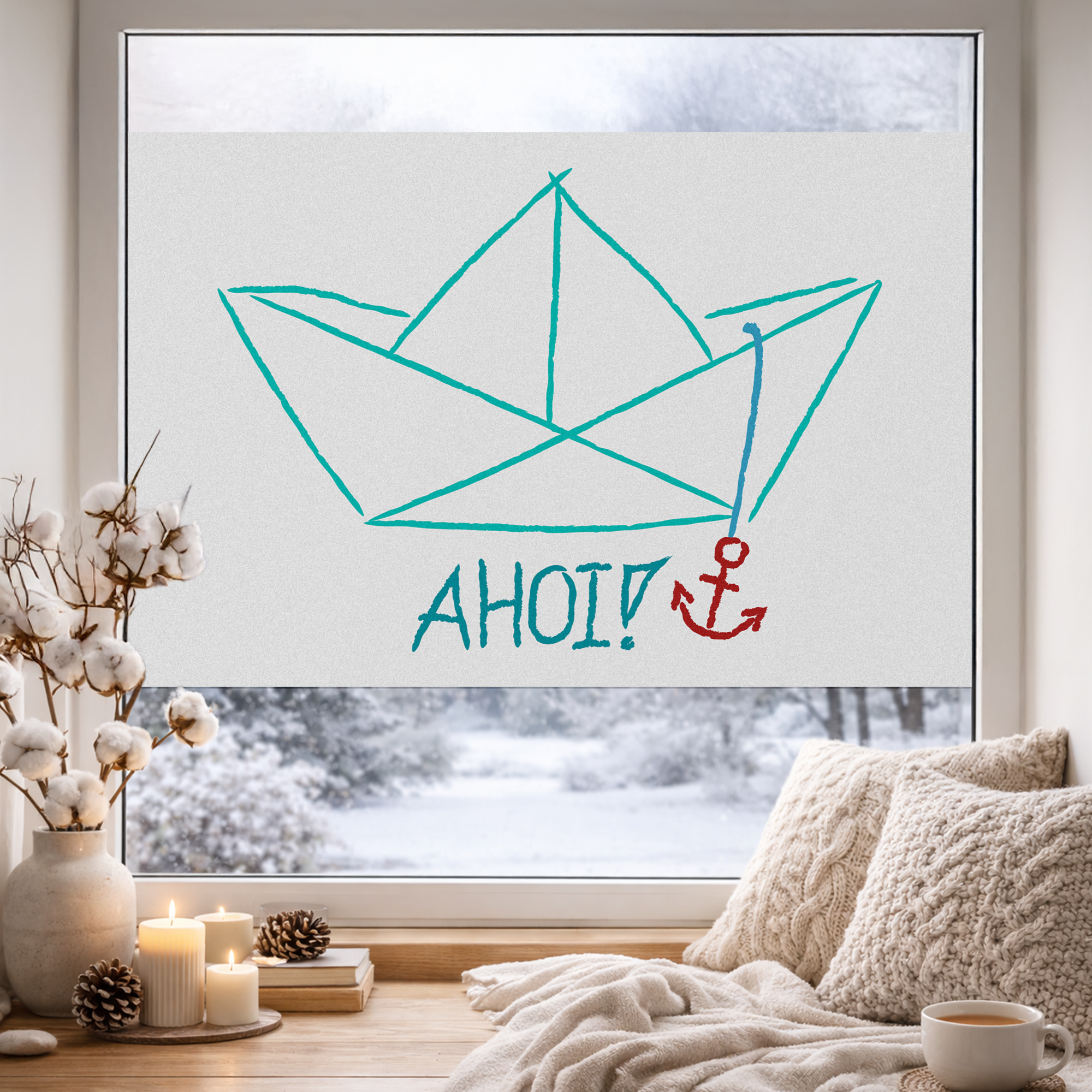 Fensterfolie Boot mit „Ahoj“