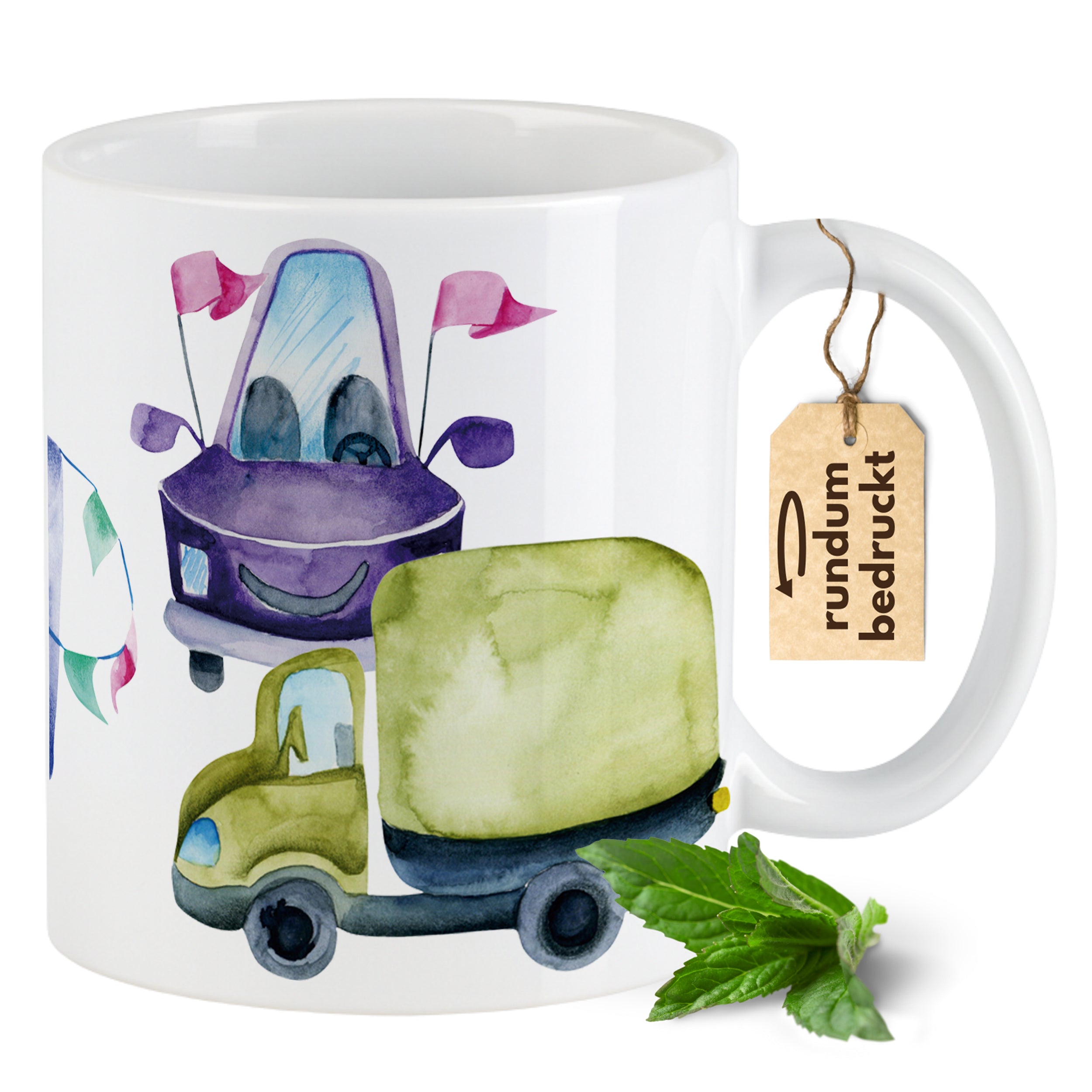 Tasse mit bunten Fahrzeugen