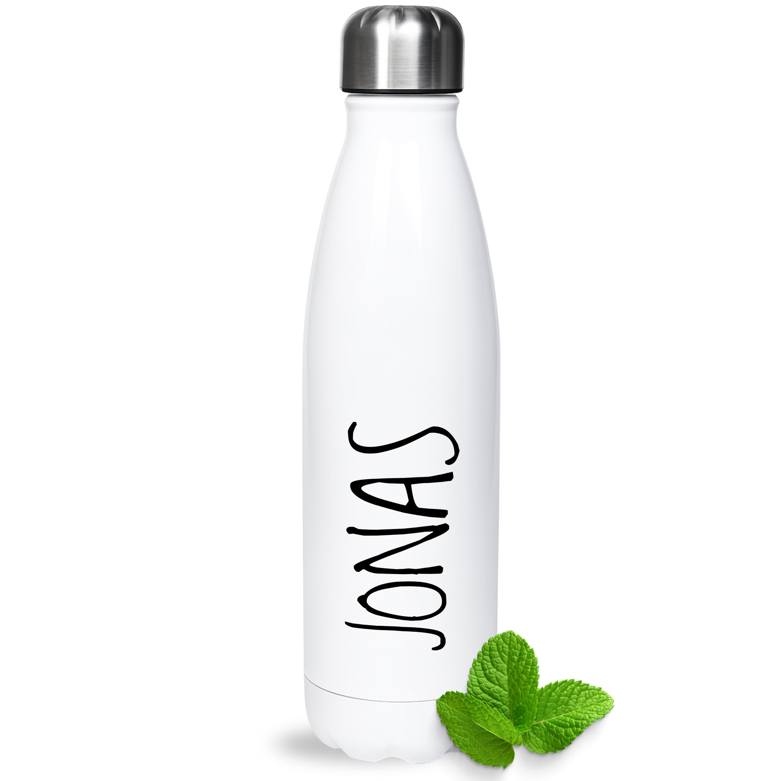 Weiße Edelstahl-Trinkflasche mit dem Namen "JONAS"