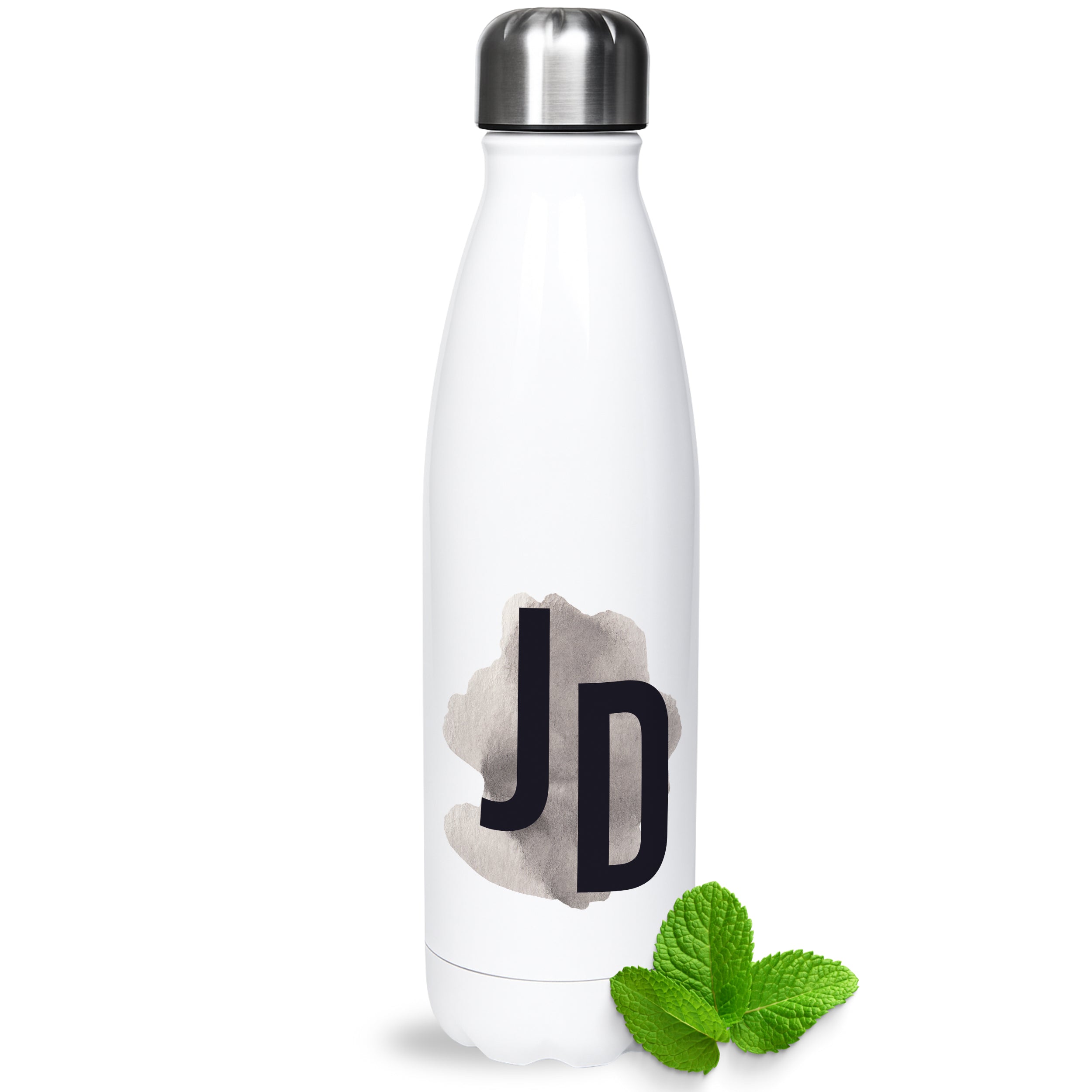 Weiße Edelstahl-Trinkflasche mit grauem Logo und Minzblatt.