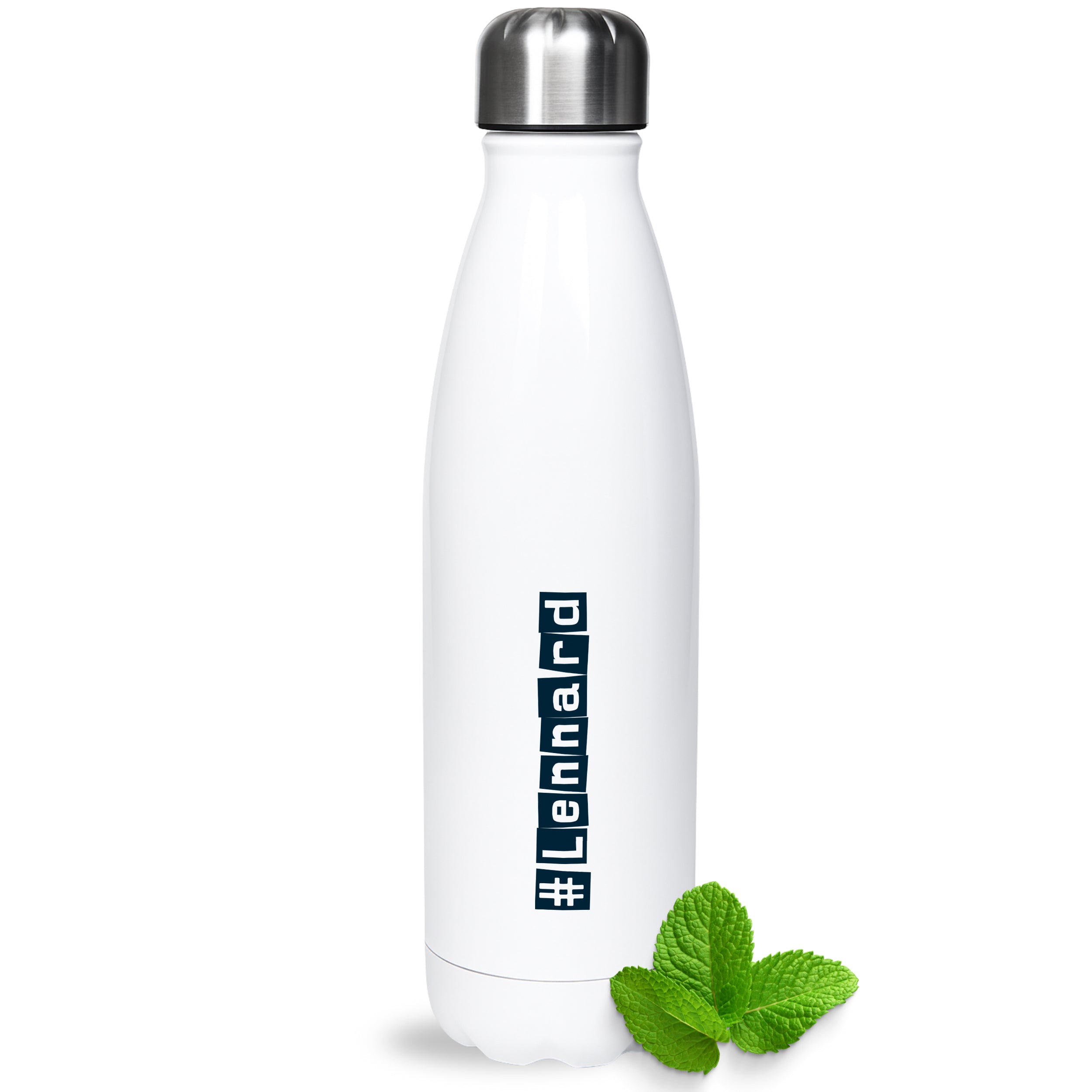 Weiße Edelstahl-Trinkflasche mit #Lehnard und Minze.