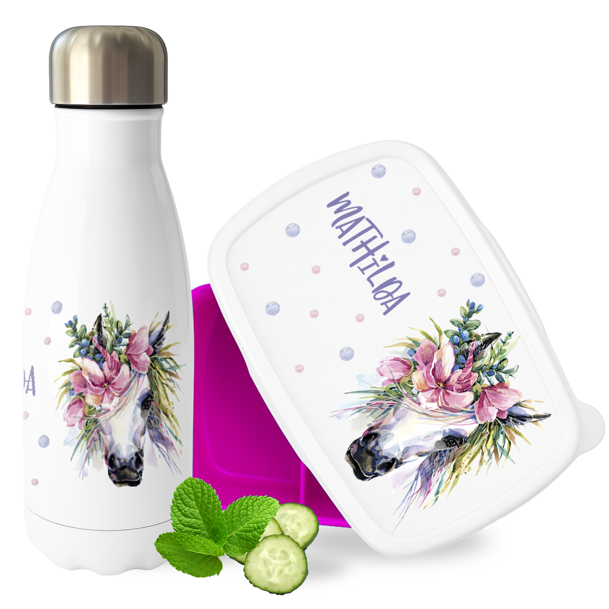 Geschenkset Trinkflasche mti Brotdose Pferd