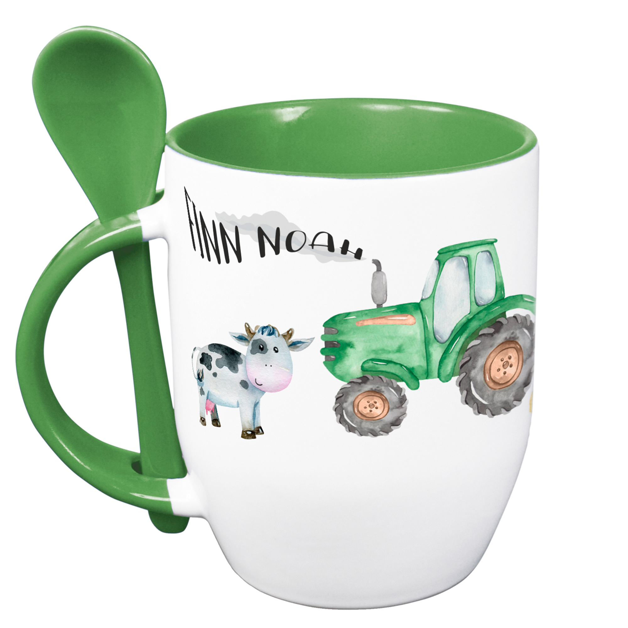 Tasse mit Löffel - Traktor in grün