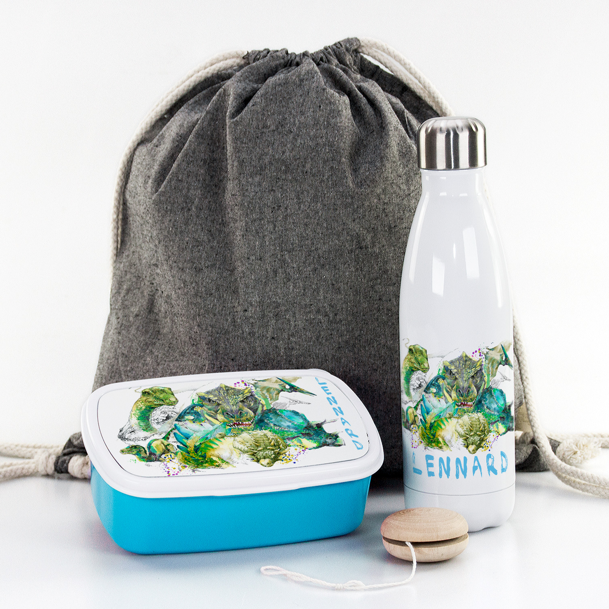 Geschenkset Trinkflasche mit Brotdose Dinos