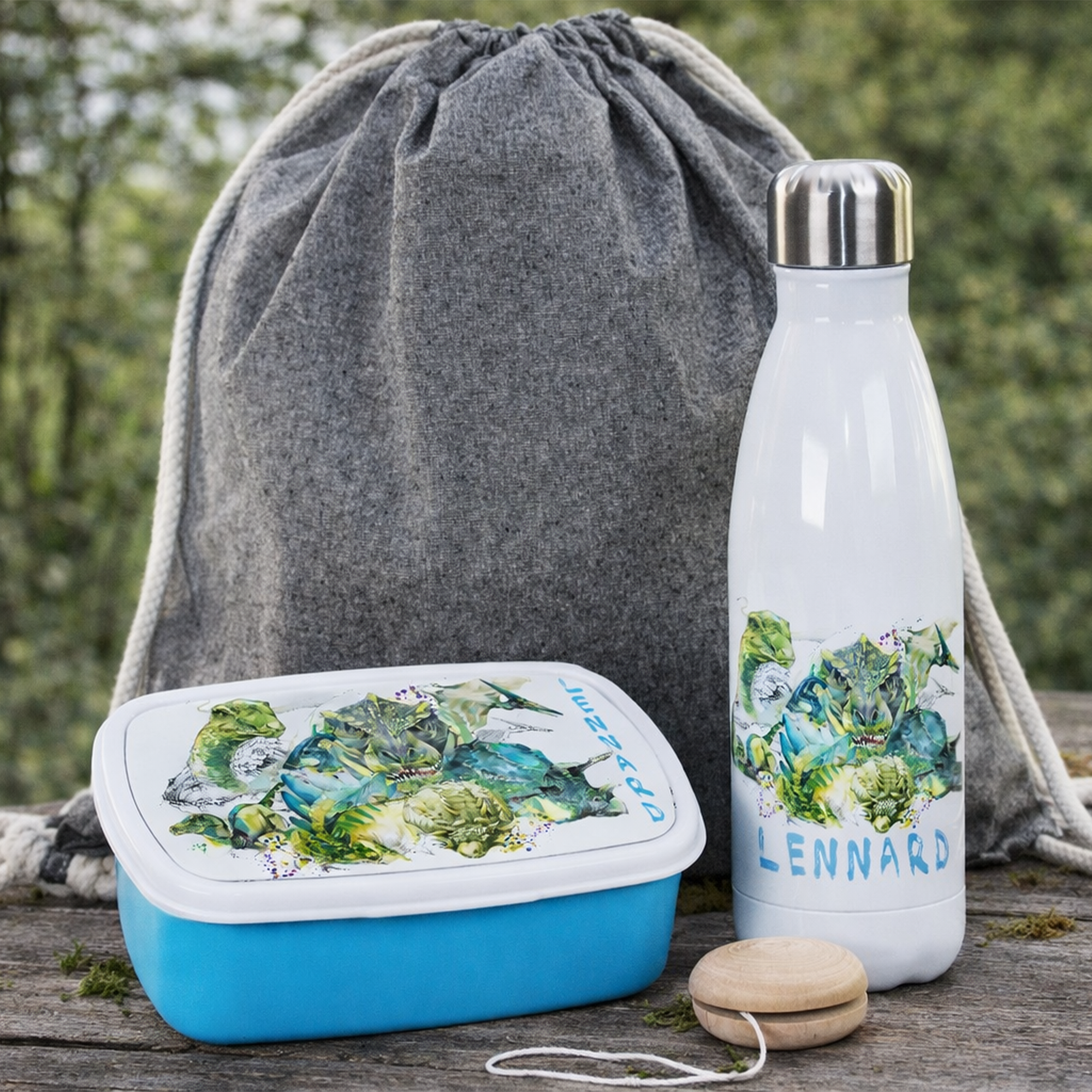 Geschenkset Trinkflasche mit Brotdose Dinos