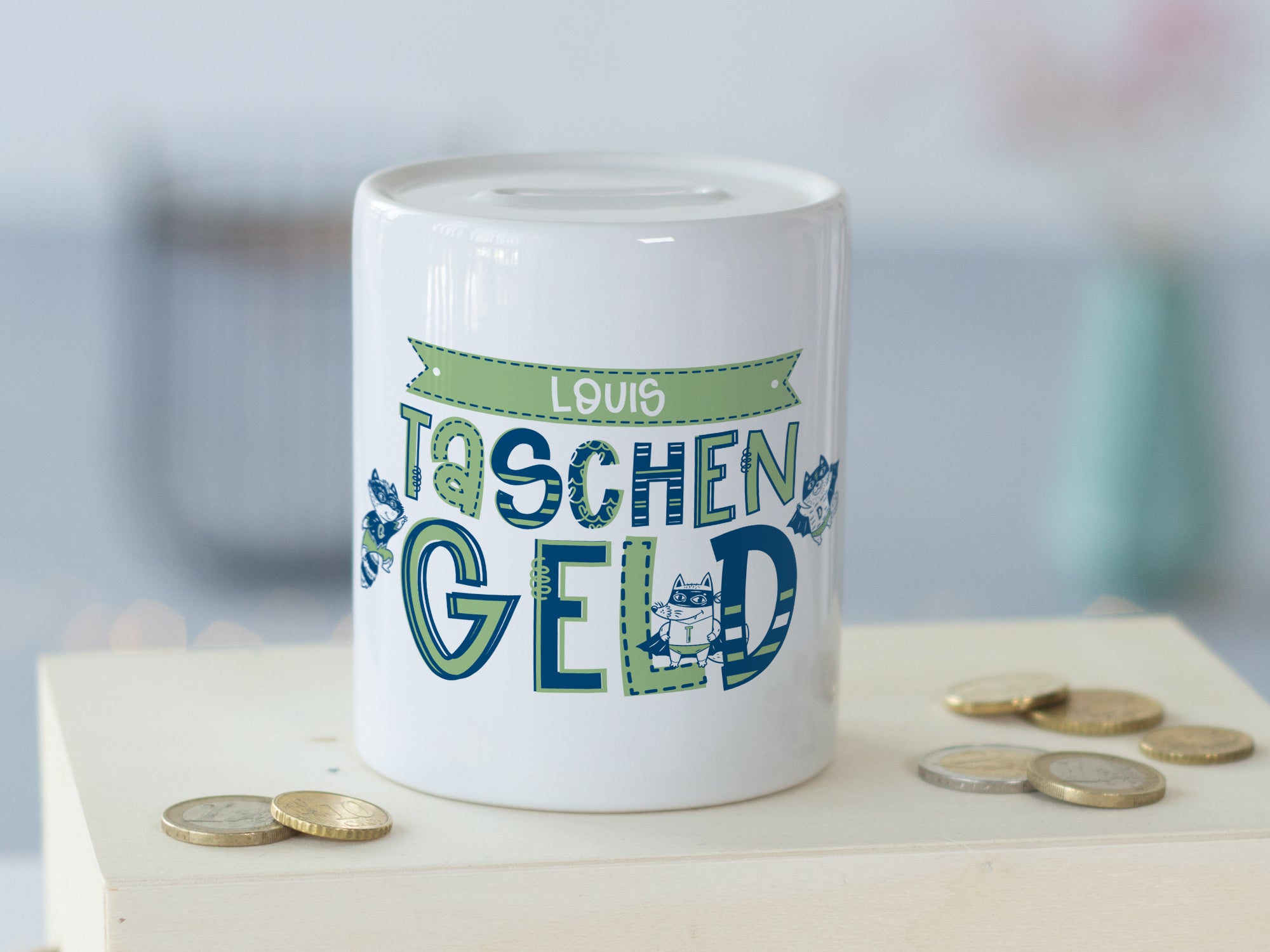 Spardose mit buntem Katzenmotiv