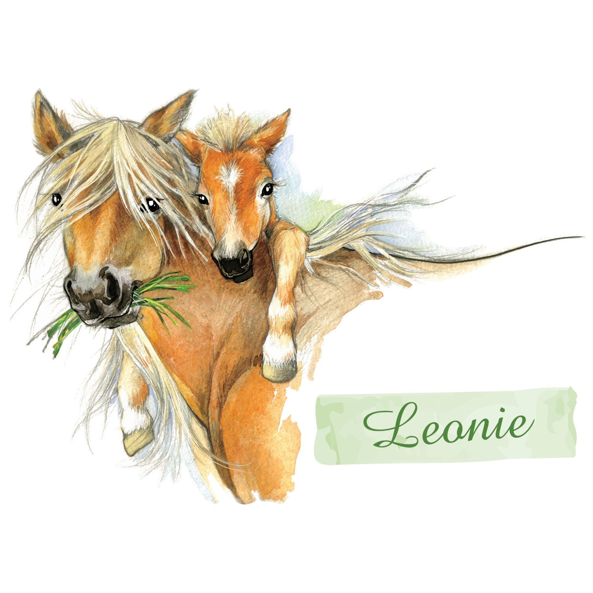 Braunes Pferd mit Fohlen, grüne Schrift "Leonie".