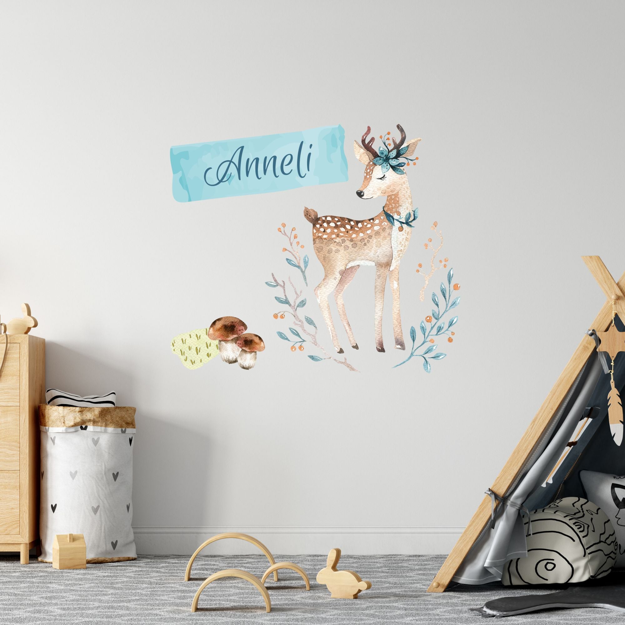 Reh mit bunten Blumen und dem Namen Anneli.