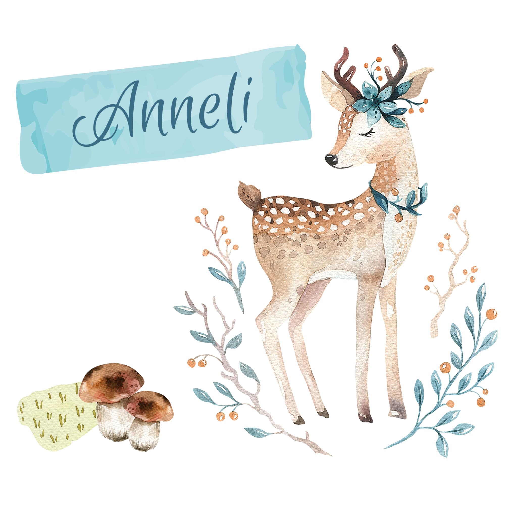 Reh mit Blumenkranz, Name "Anneli", Pilze und Pflanzen.