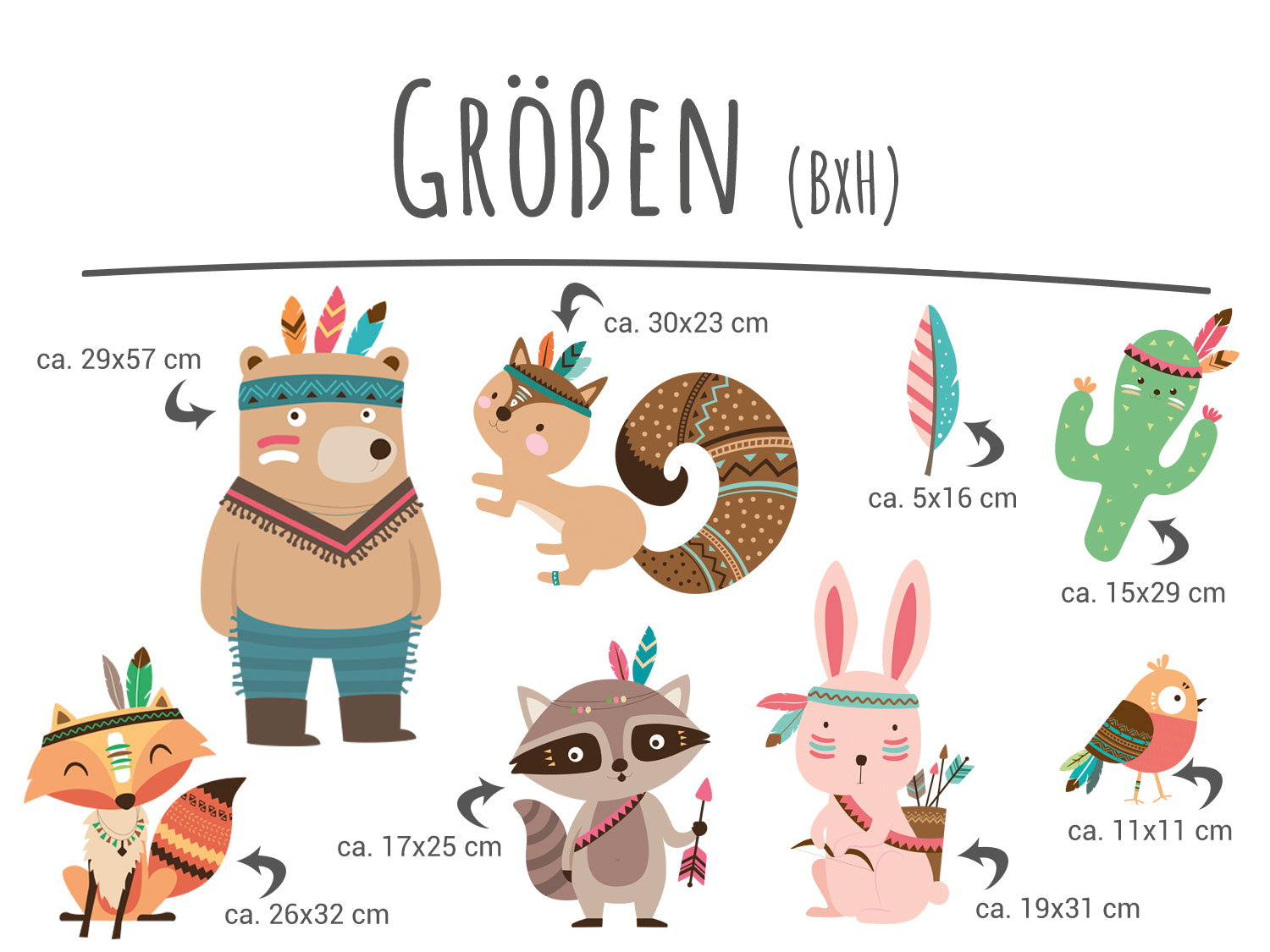 Bunte Tierillustrationen mit Federn und Größenangaben.