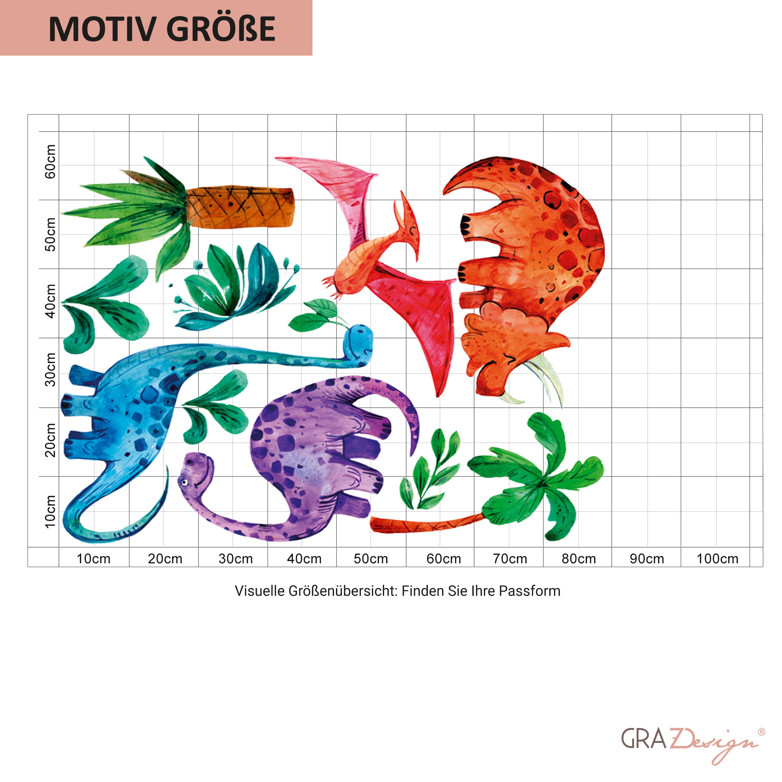 Bunte Dinosaurier und Pflanzen in verschiedenen Größen.