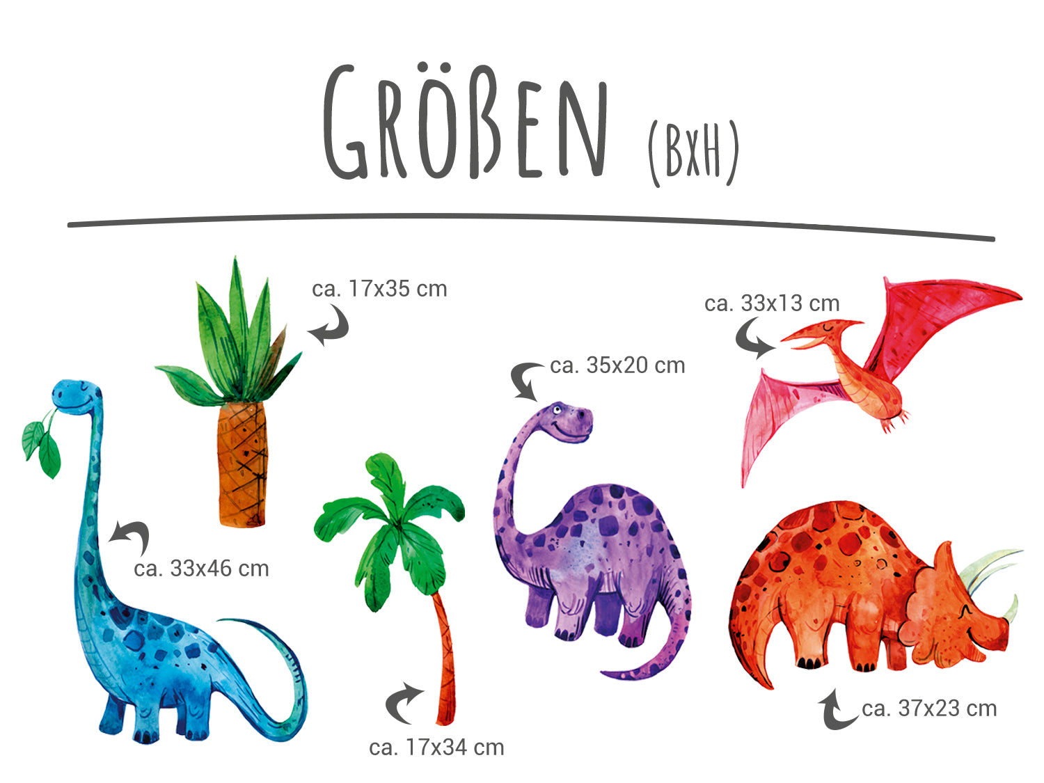 Bunte Dinosaurier und Pflanzen in verschiedenen Größen.