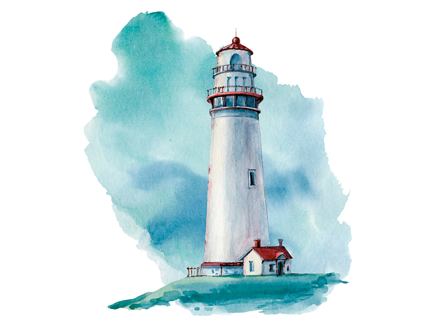 Leuchtturm in Weiß mit rotem Dach und blauer Hintergrundfarbe.