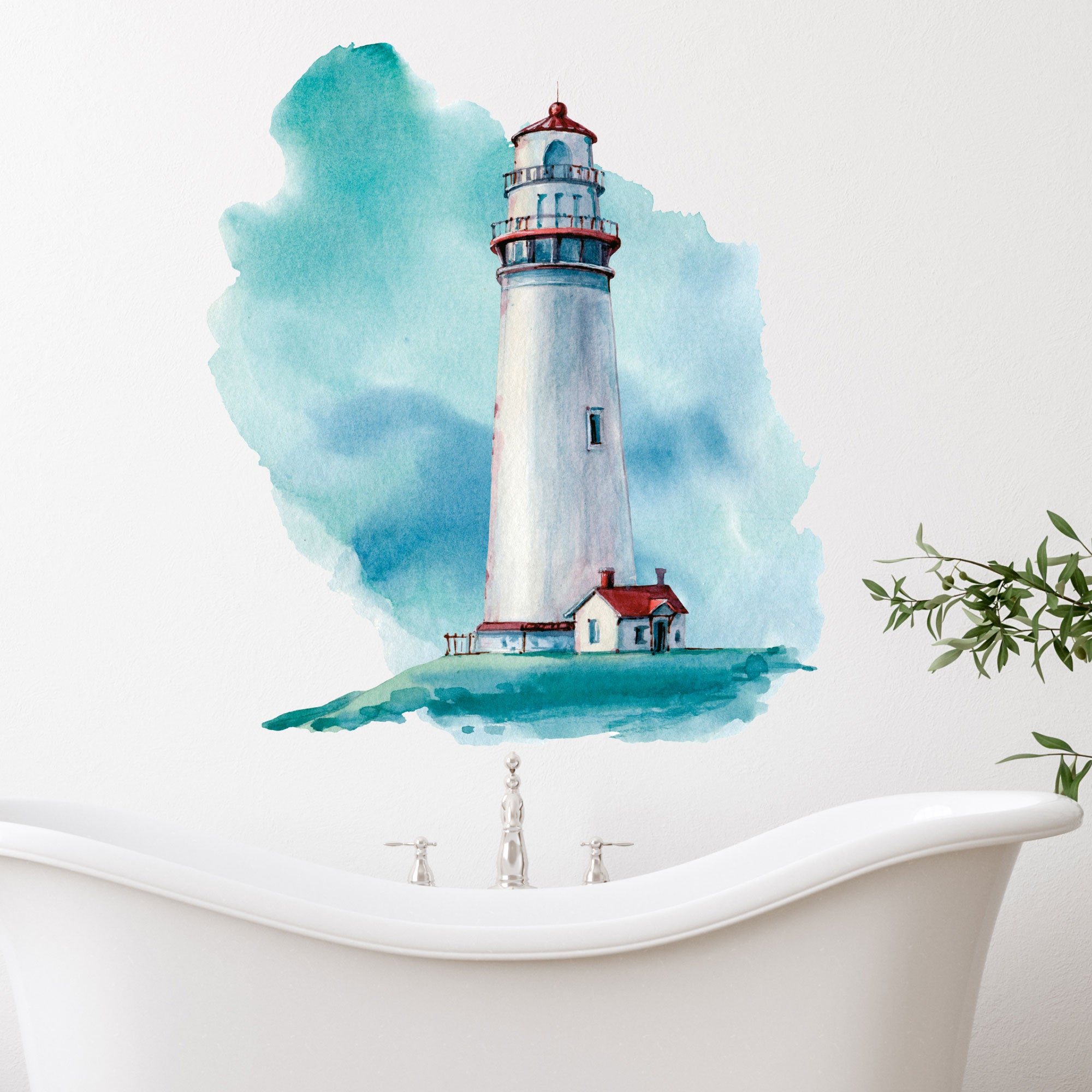 Wasserturm in Aquarell, blau-grüne Farben, mit Haus.